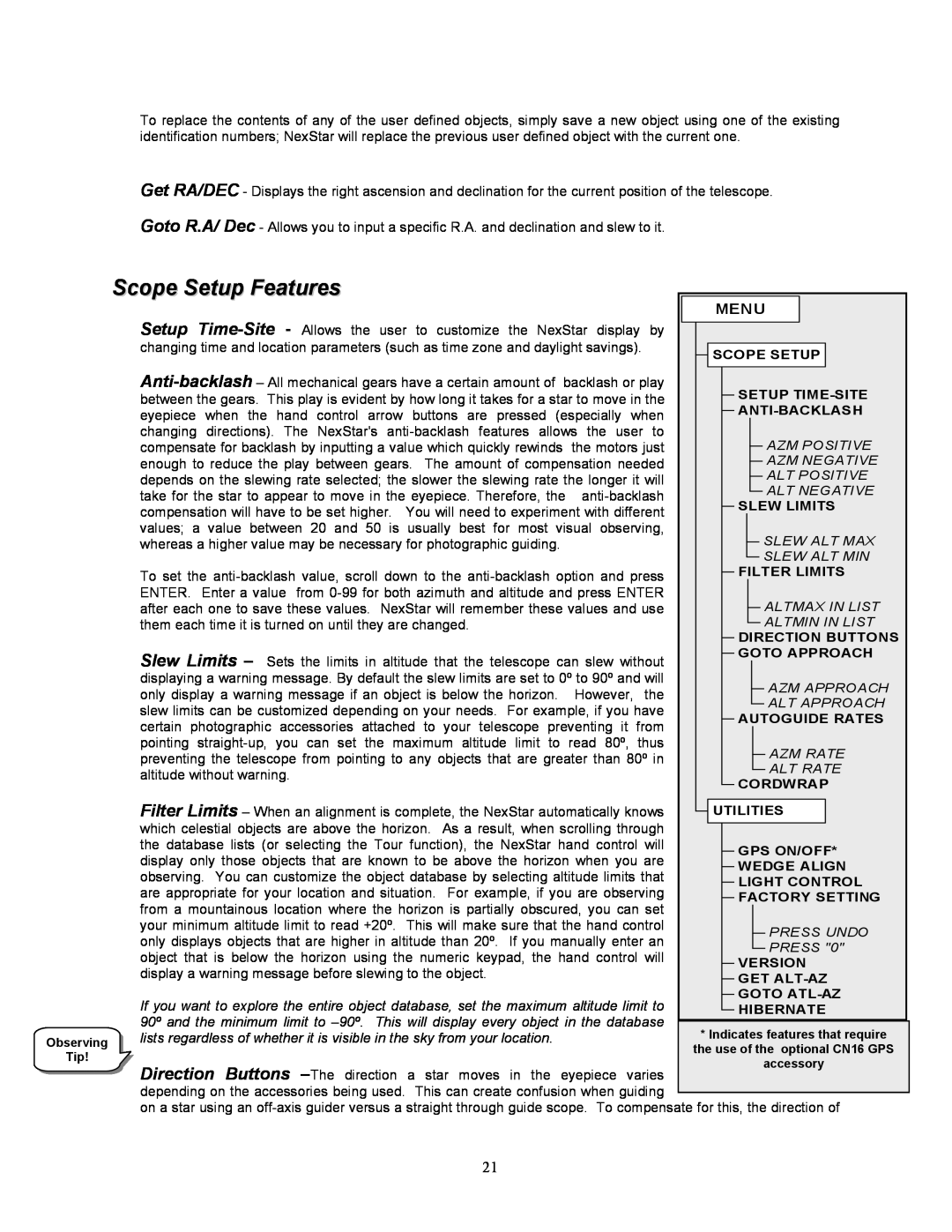 Celestron NexStar 8i manual Scope Setup Features, Menu 