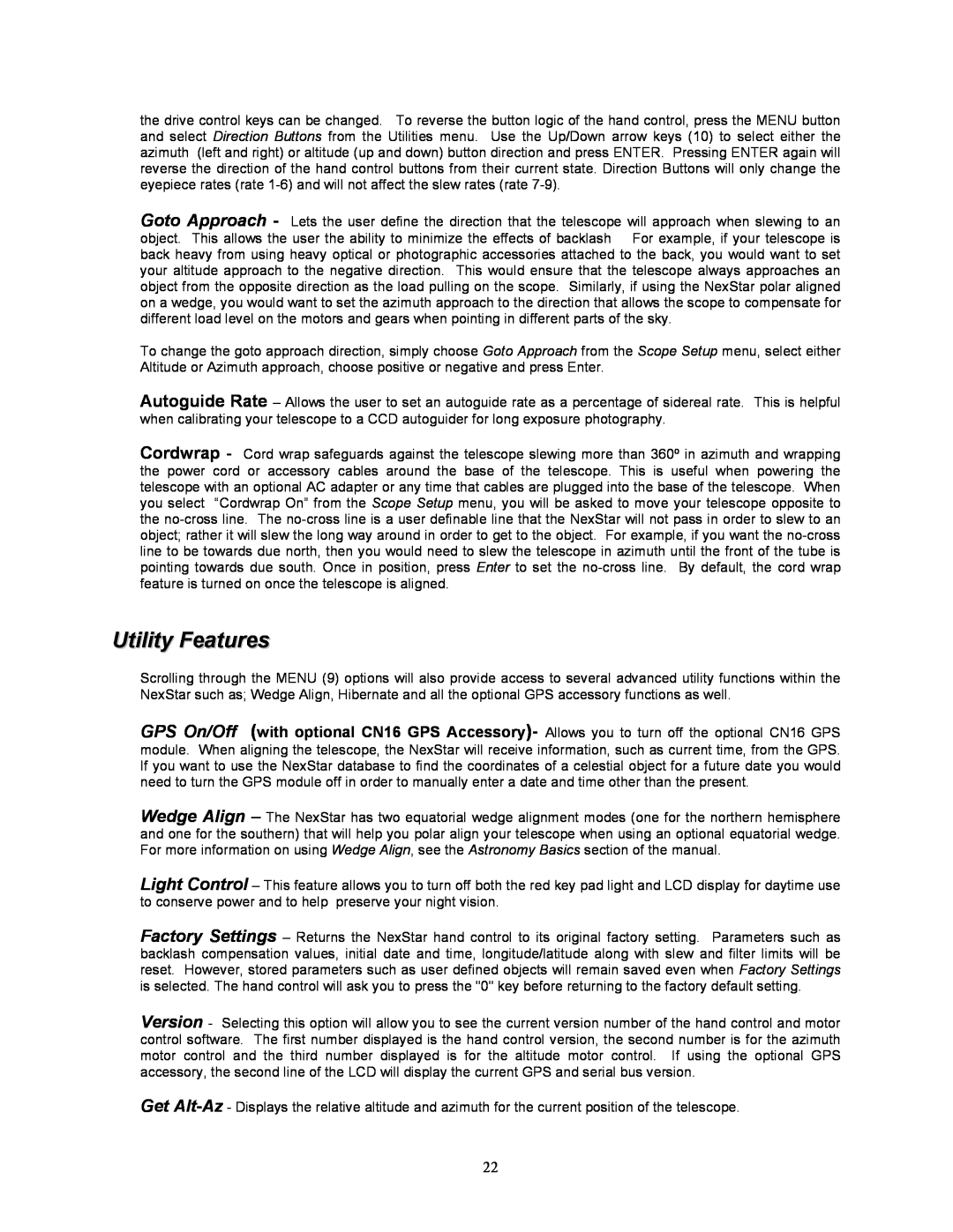 Celestron NexStar 8i manual Utility Features 