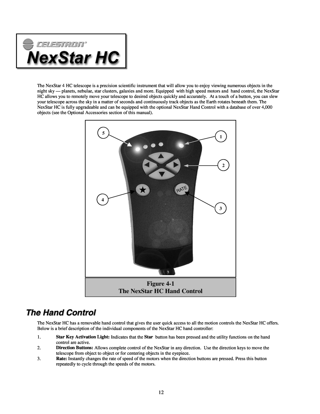 Celestron manual The Hand Control, Figure The NexStar HC Hand Control, 5 1 2 4 3 