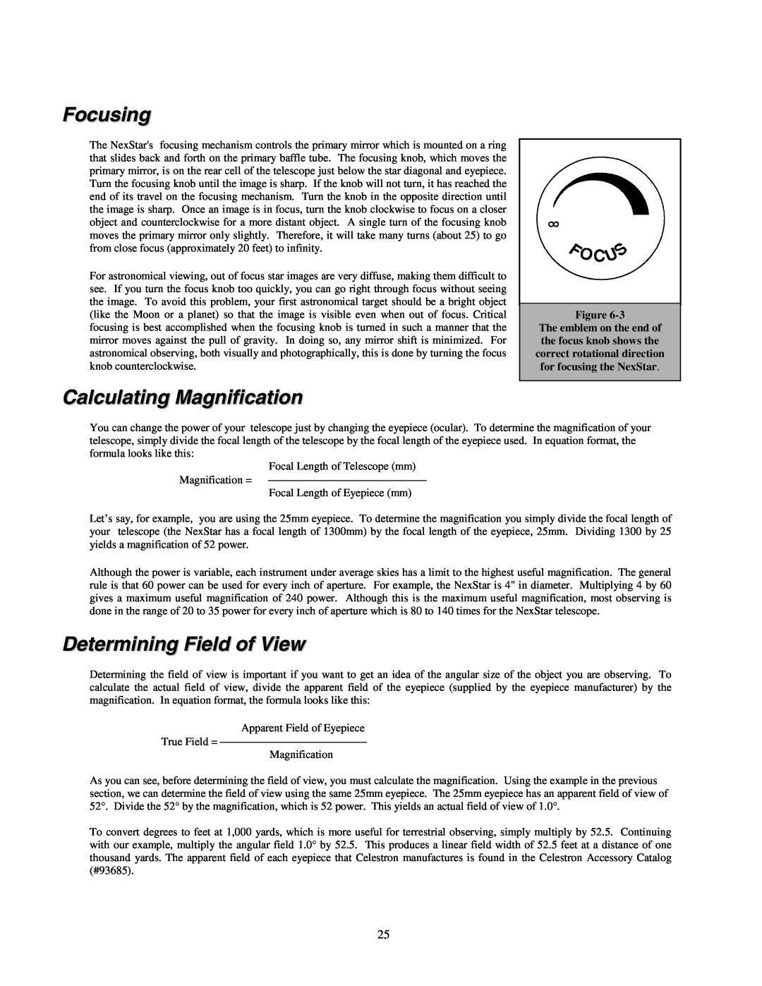 Celestron NexStar HC manual Focusing, Calculating Magnification, Determining Field of View, Figure 