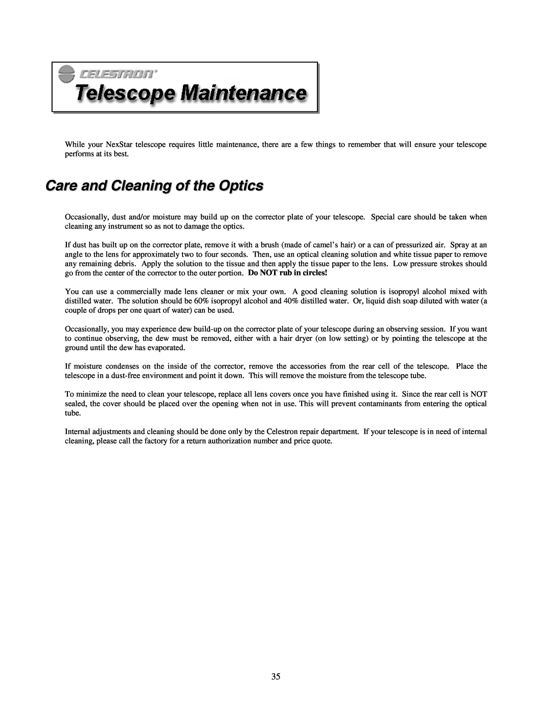 Celestron NexStar HC manual Care and Cleaning of the Optics 