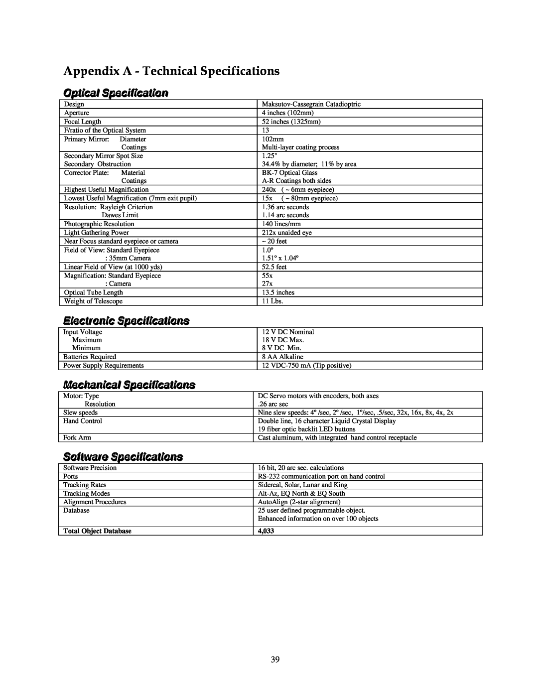 Celestron NexStar HC Appendix A - Technical Specifications, Optiicall Speciifiicatiion, Ellectroniic Speciifiicatiions 