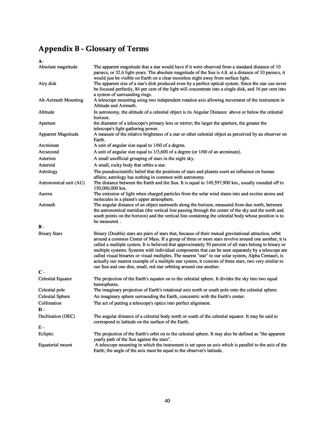 Celestron NexStar HC manual Appendix B - Glossary of Terms 