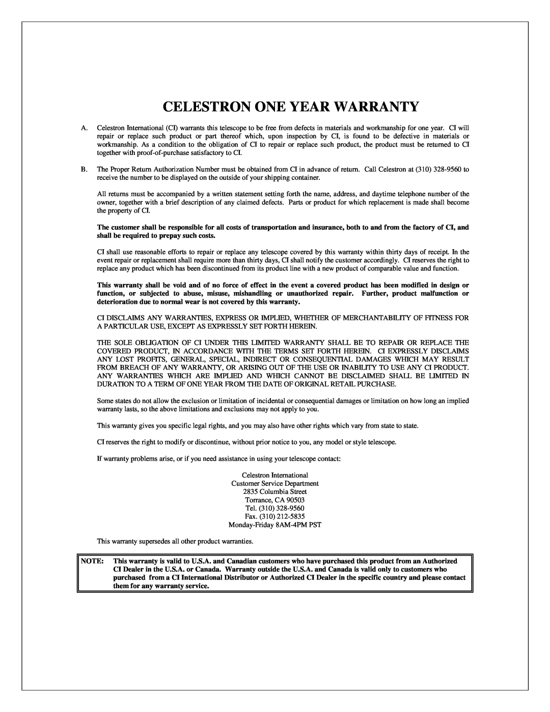 Celestron NexStar HC manual Celestron One Year Warranty 