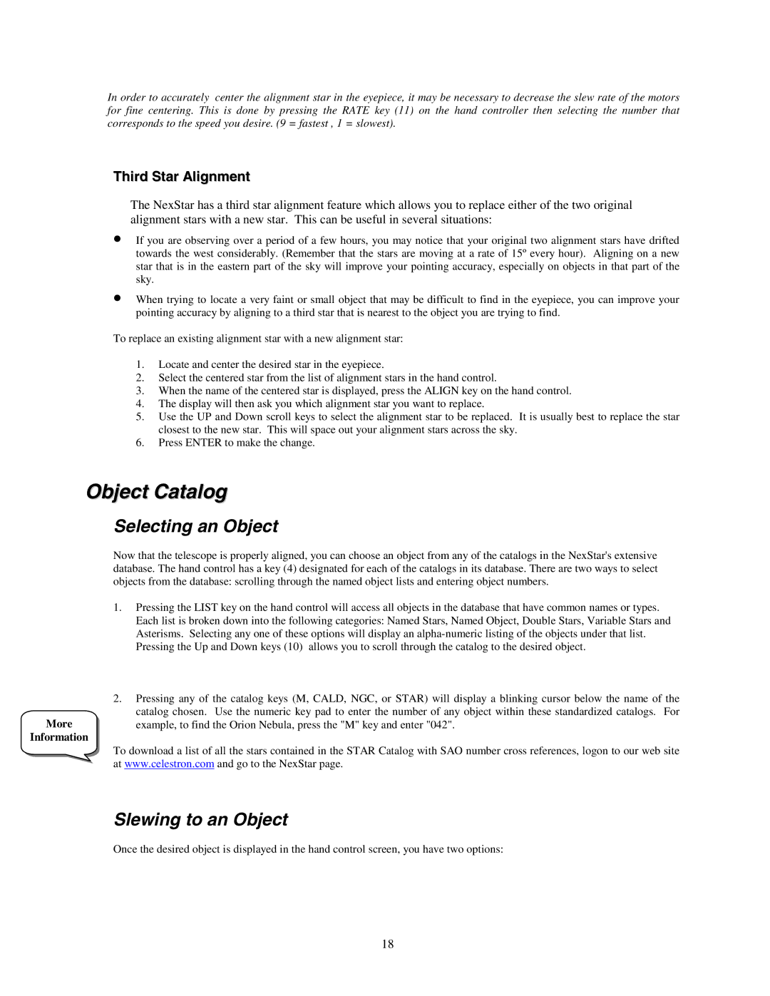 Celestron NexStar HC manual Object Catalog, Selecting an Object, Slewing to an Object, More Information 