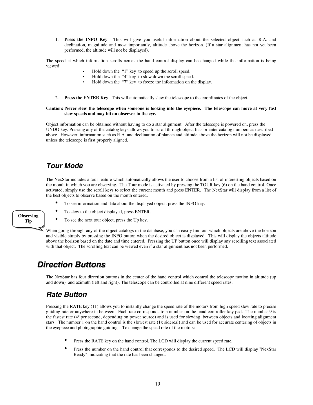 Celestron NexStar HC manual Direction Buttons, Tour Mode, Observing Tip 