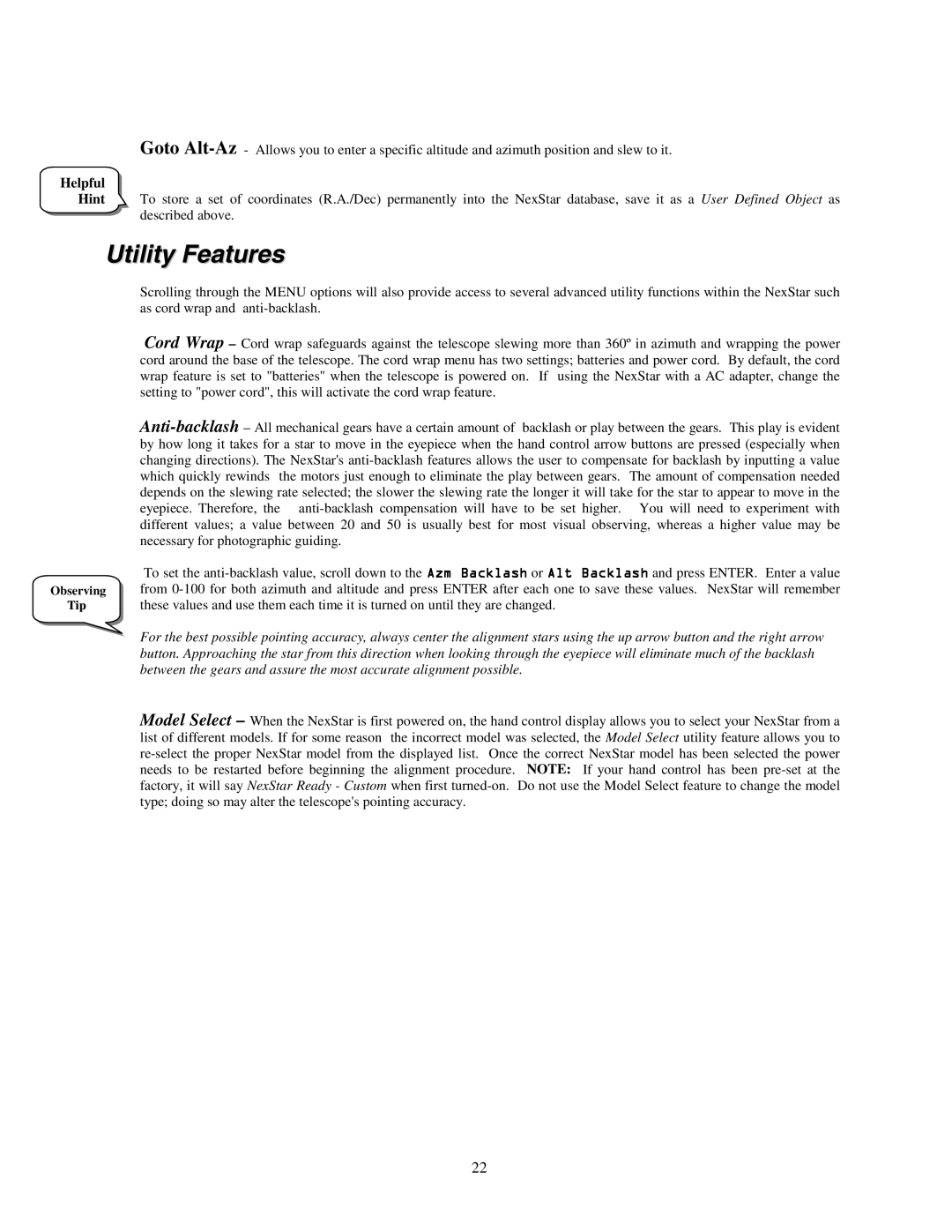 Celestron NexStar HC manual Utility Features, Helpful 