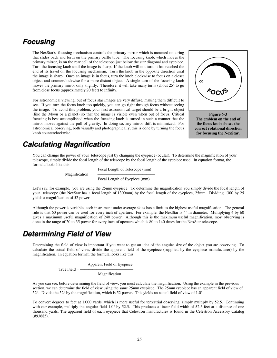 Celestron NexStar HC manual Focusing, Calculating Magnification, Determining Field of View 