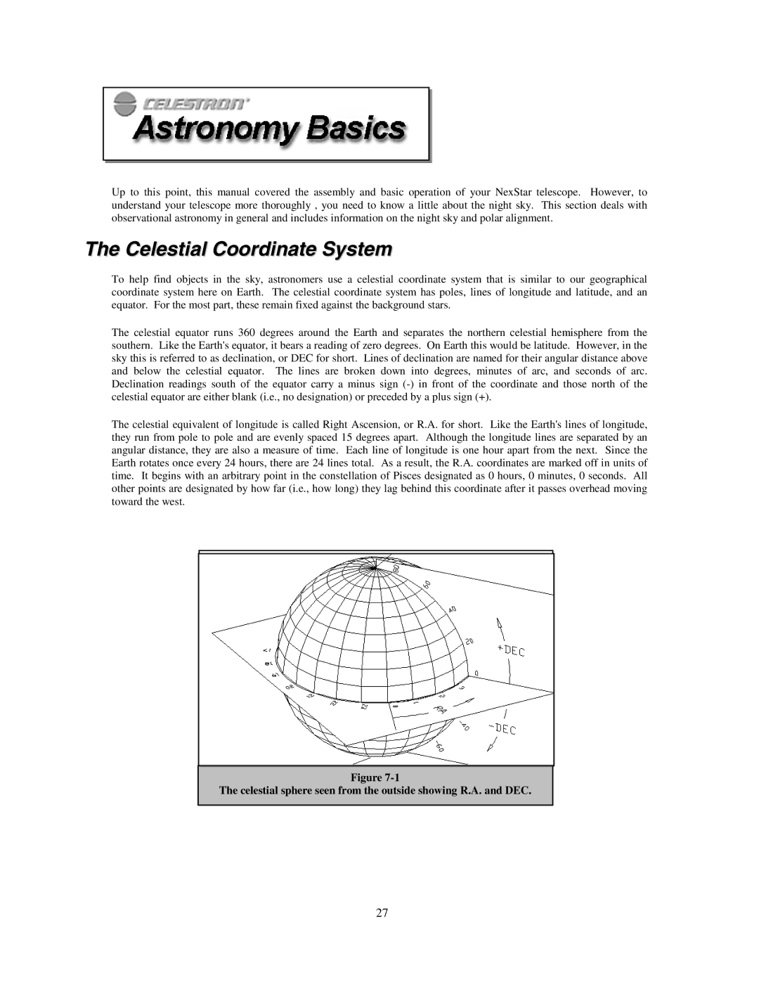 Celestron NexStar HC manual Celestial Coordinate System, Celestial sphere seen from the outside showing R.A. and DEC 