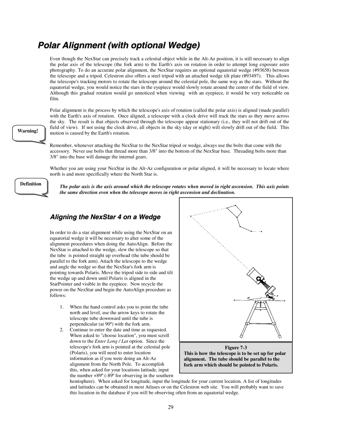 Celestron NexStar HC manual Polar Alignment with optional Wedge, Definition 