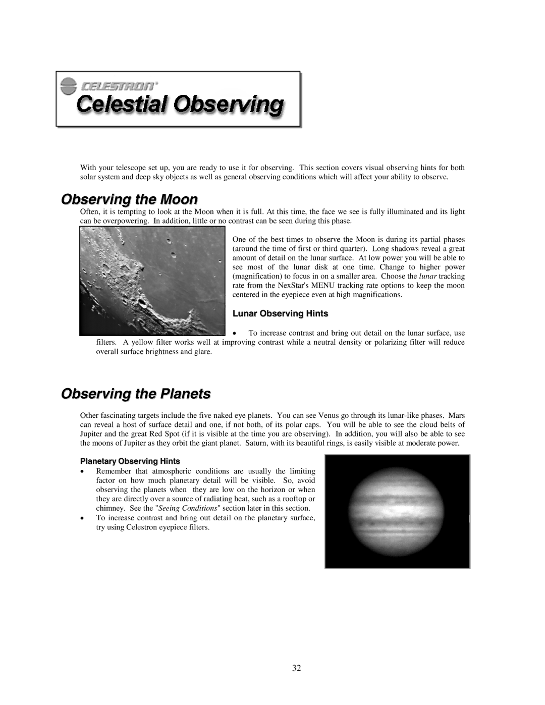 Celestron NexStar HC manual Observing the Moon, Observing the Planets 