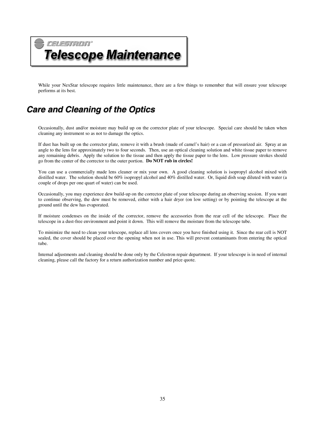 Celestron NexStar HC manual Care and Cleaning of the Optics 