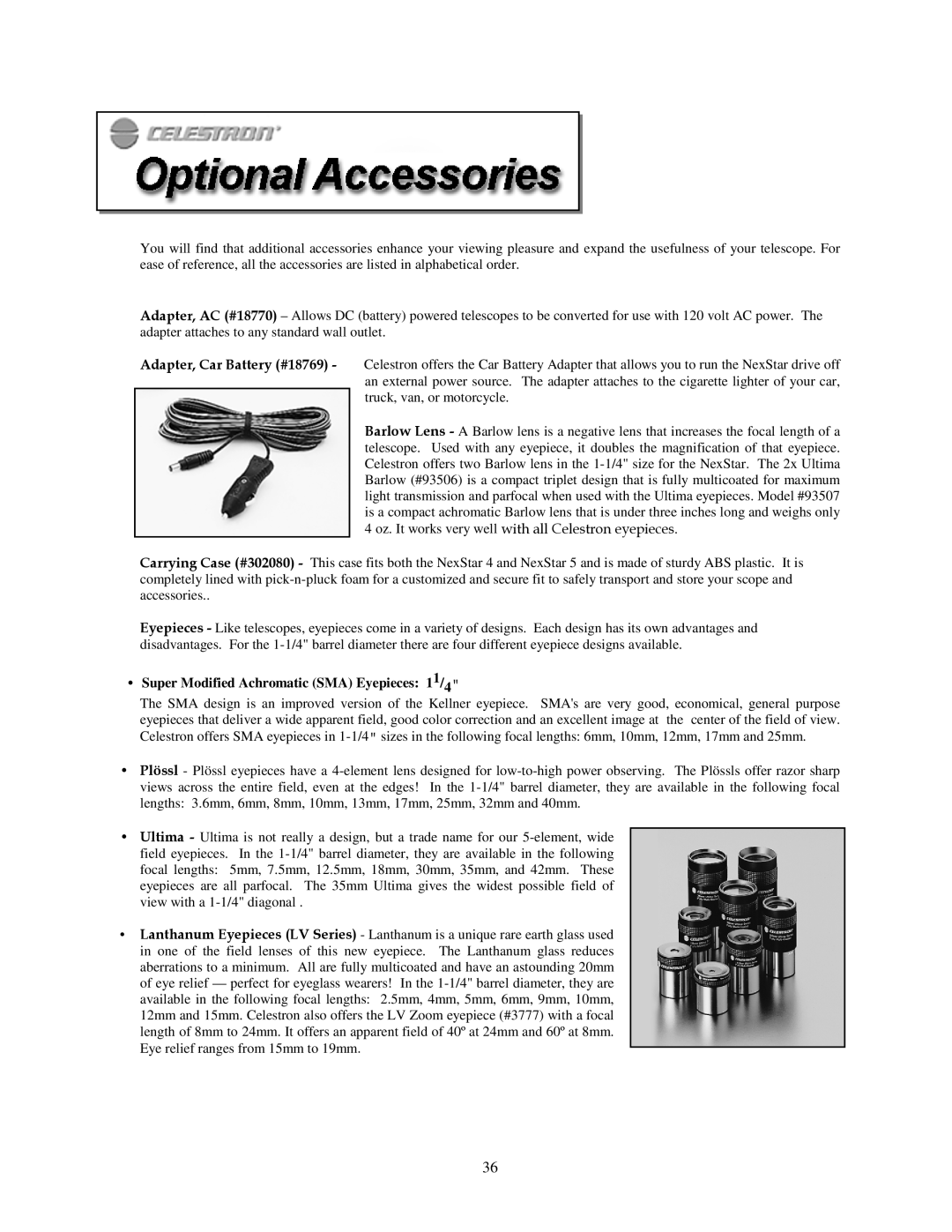 Celestron NexStar HC manual Super Modified Achromatic SMA Eyepieces 11/4 