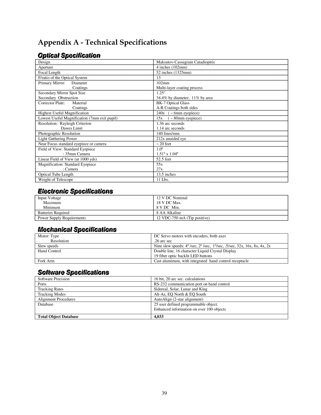 Celestron NexStar HC manual Appendix a Technical Specifications 