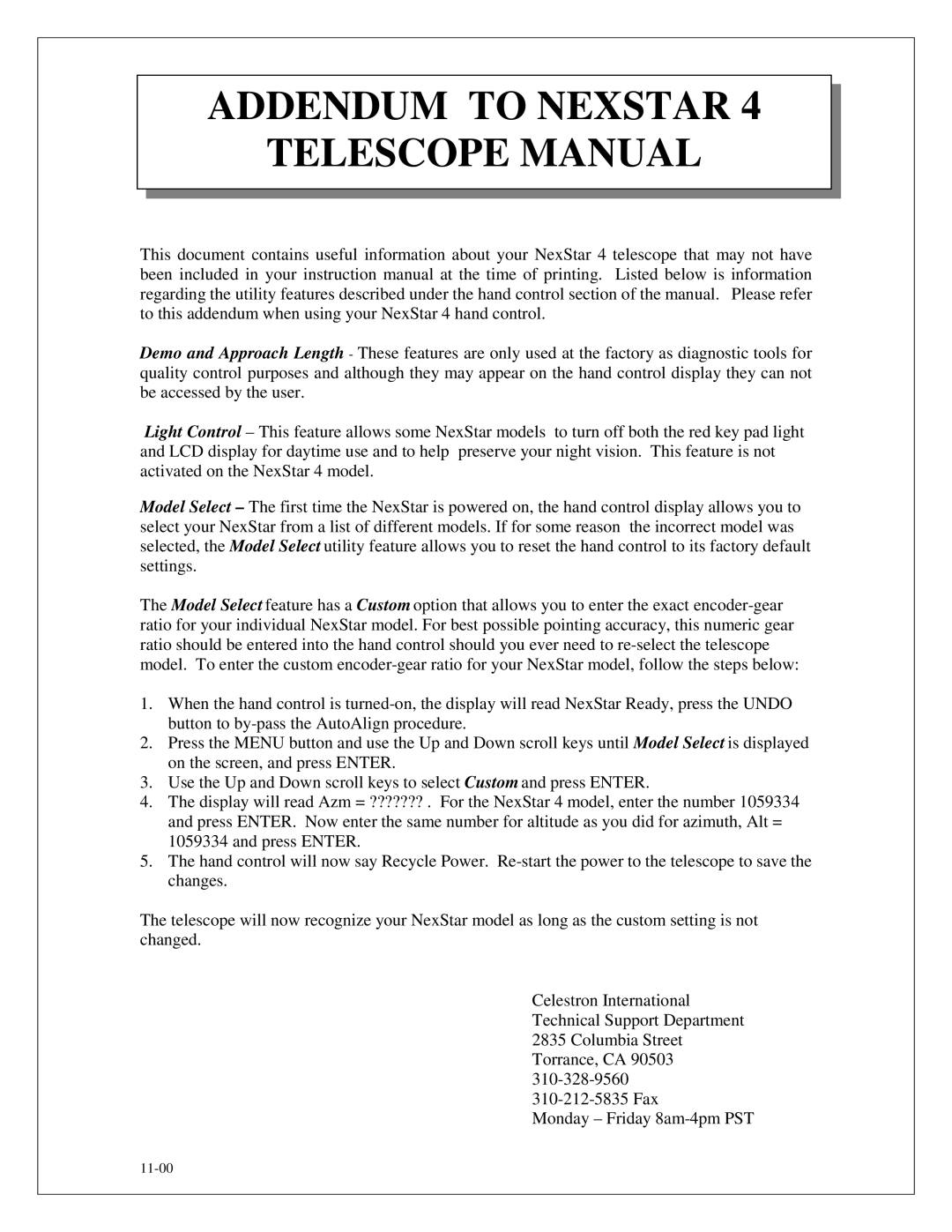 Celestron NexStar HC manual Addendum to Nexstar Telescope Manual 