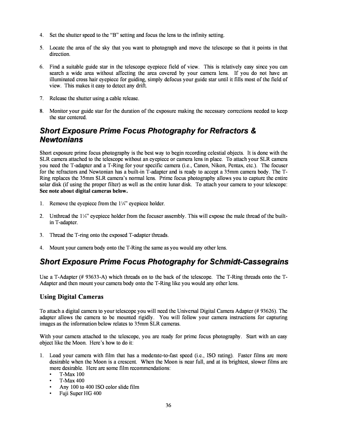 Celestron OMNI XLT 102 manual Short Exposure Prime Focus Photography for Refractors & Newtonians, Using Digital Cameras 