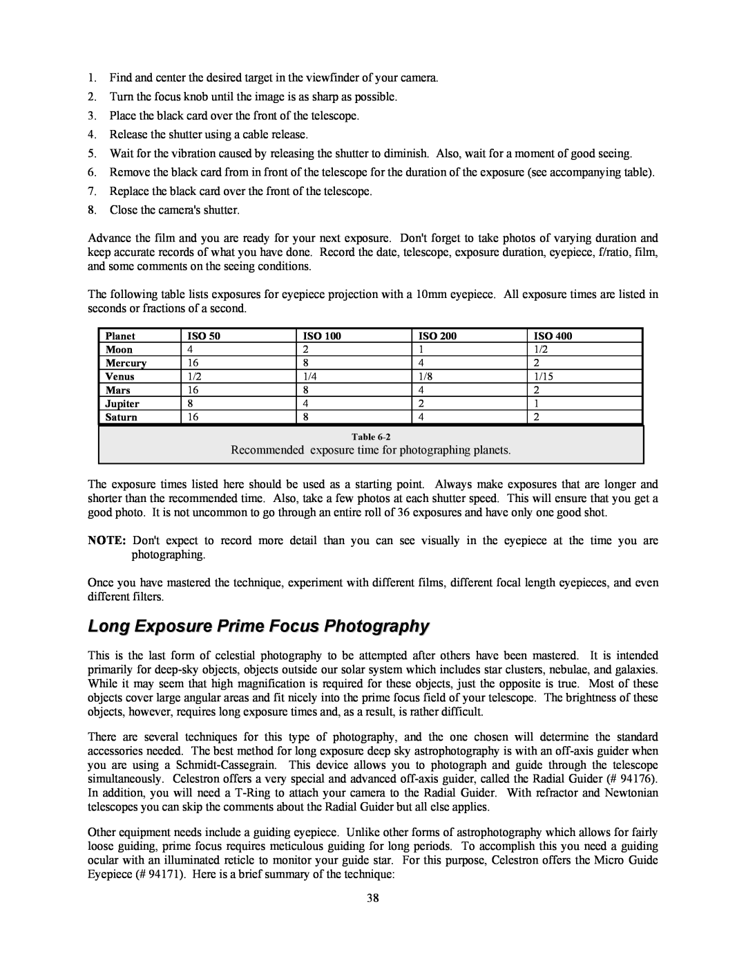 Celestron OMNI XLT 102 manual Long Exposure Prime Focus Photography 