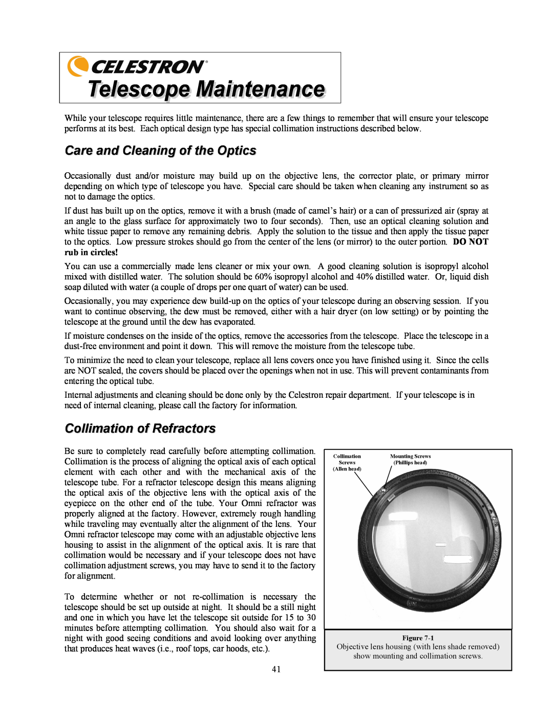 Celestron OMNI XLT 102 manual Care and Cleaning of the Optics, Collimation of Refractors, rub in circles 