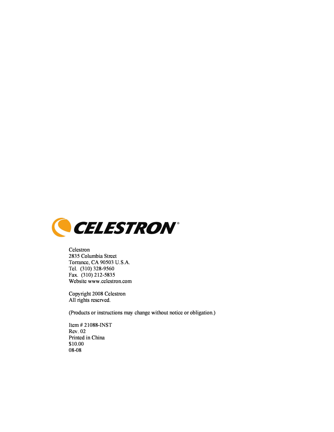 Celestron OMNI XLT 102 manual Celestron 2835 Columbia Street Torrance, CA 90503 U.S.A. Tel. 310 