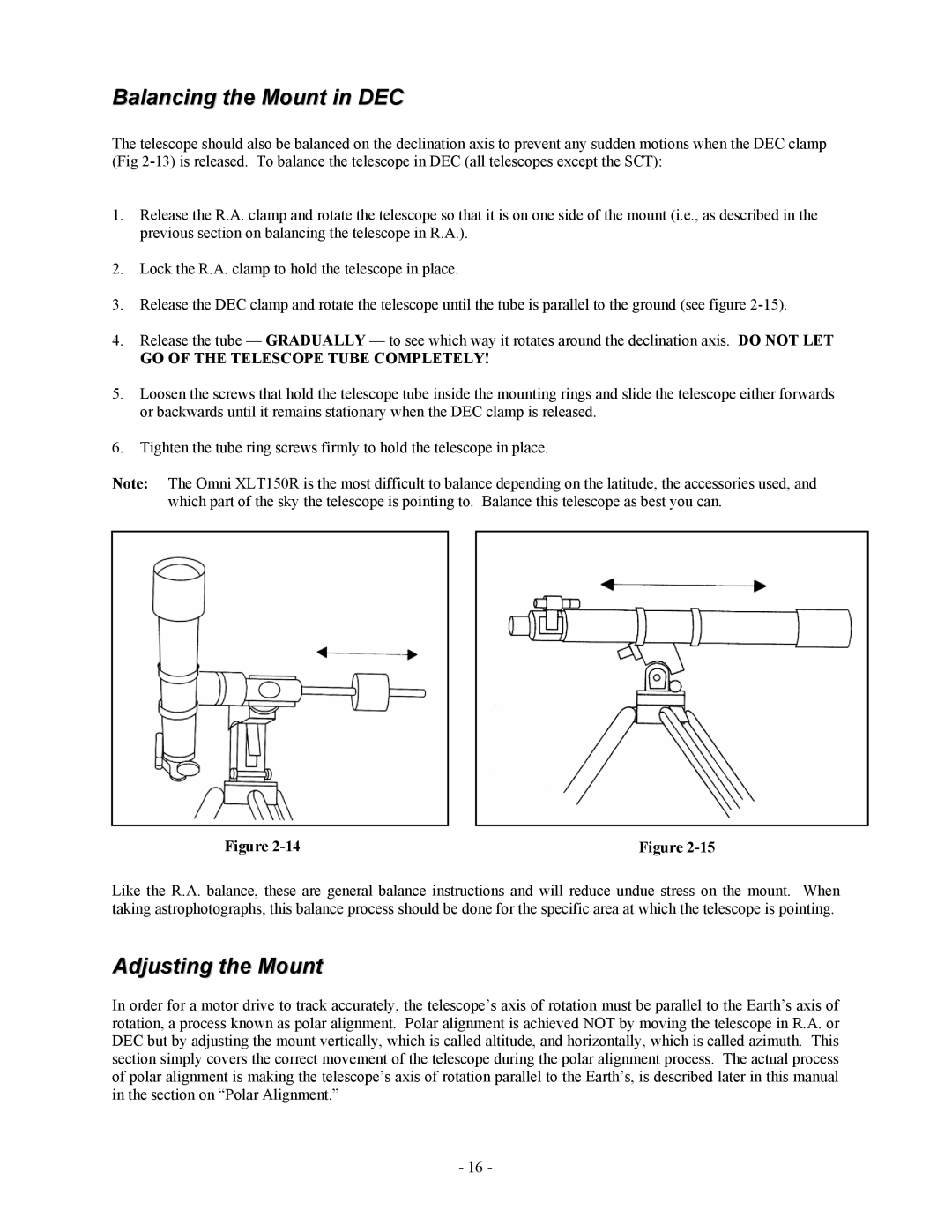 Celestron OMNI XLT 102 manual Balancing the Mount in DEC, Adjusting the Mount 