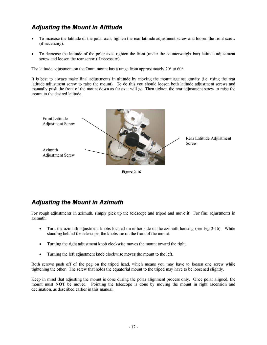 Celestron OMNI XLT 102 manual Adjusting the Mount in Altitude, Adjusting the Mount in Azimuth 