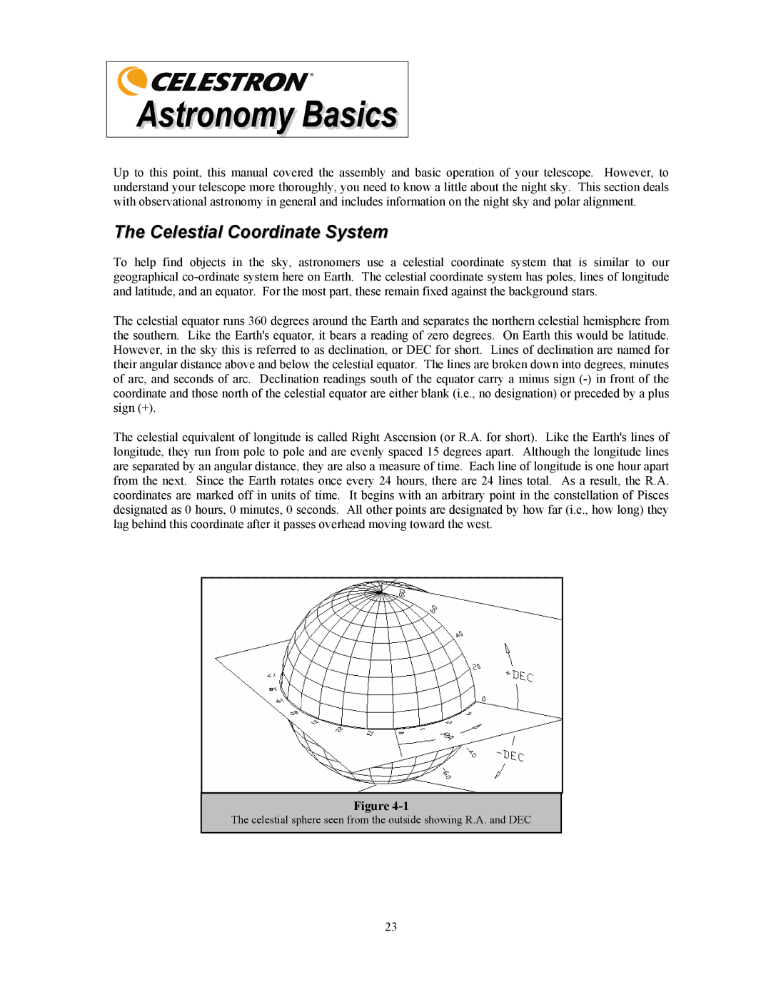 Celestron OMNI XLT 102 manual Celestial Coordinate System 