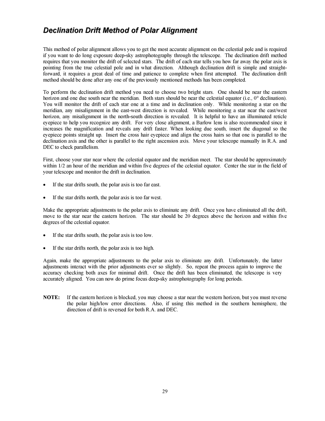 Celestron OMNI XLT 102 manual Declination Drift Method of Polar Alignment 