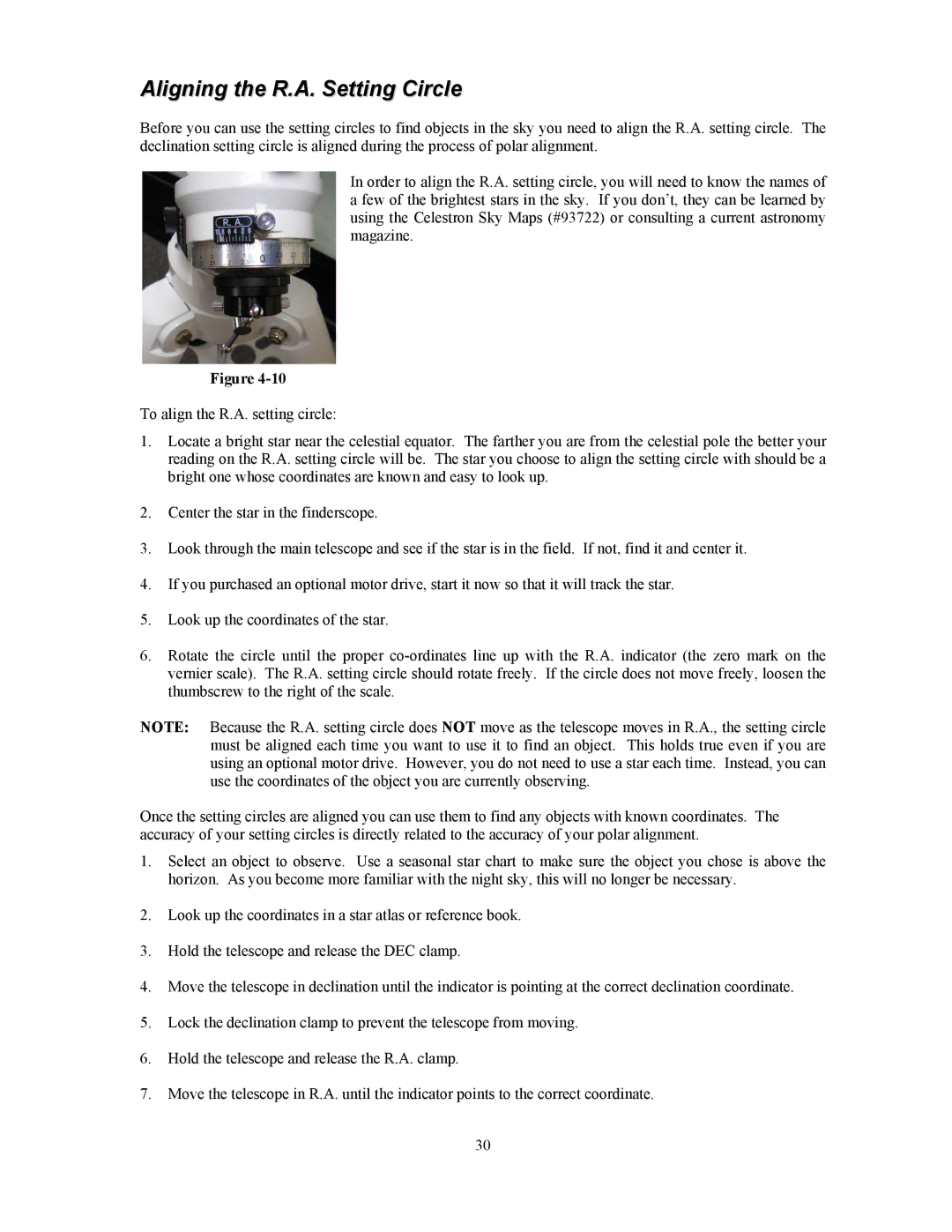 Celestron OMNI XLT 102 manual Aligning the R.A. Setting Circle 