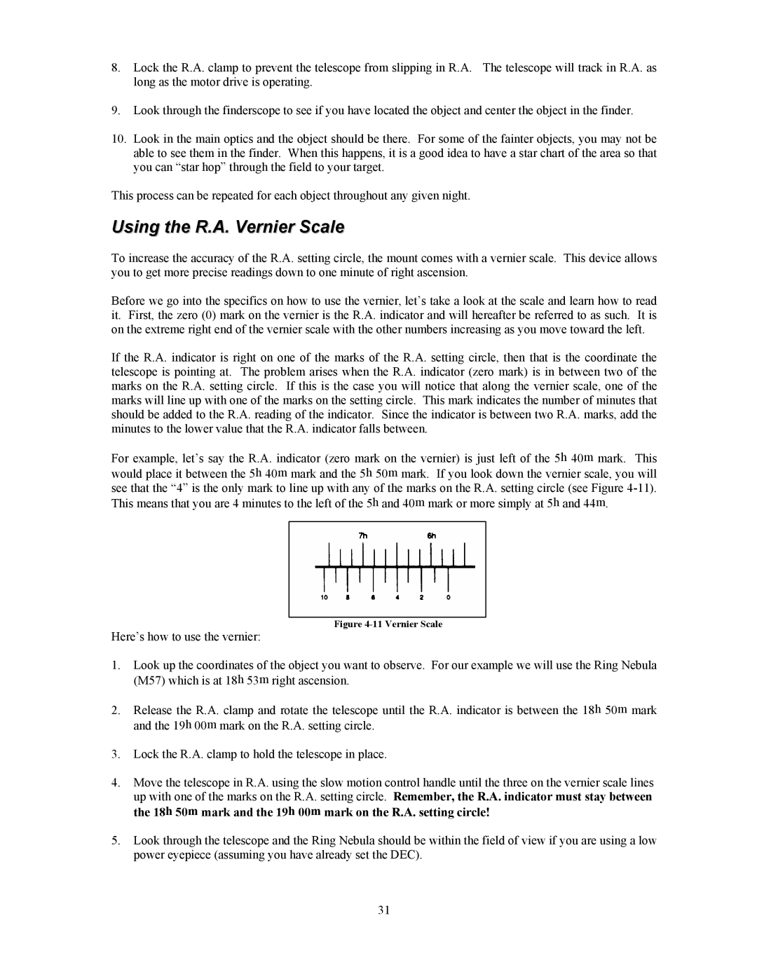 Celestron OMNI XLT 102 manual Using the R.A. Vernier Scale 