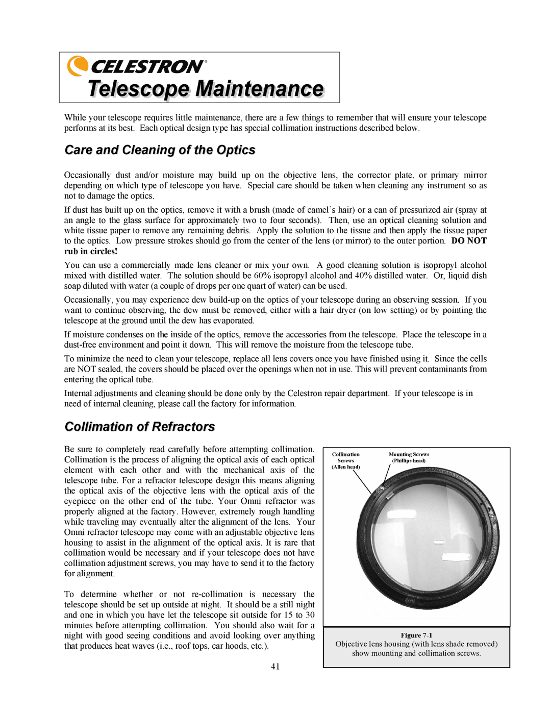 Celestron OMNI XLT 102 manual Care and Cleaning of the Optics, Collimation of Refractors 