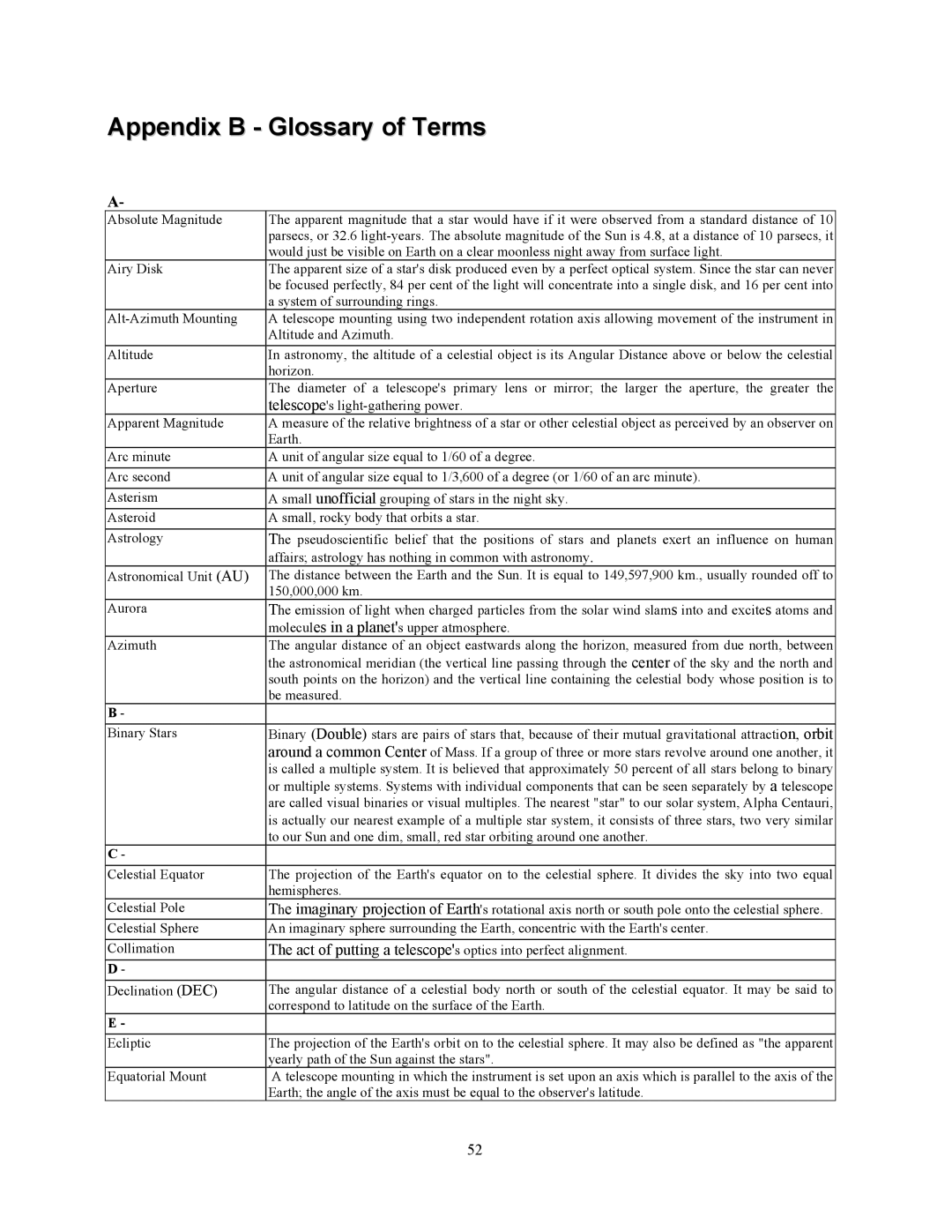 Celestron OMNI XLT 102 manual Appendix B Glossary of Terms 