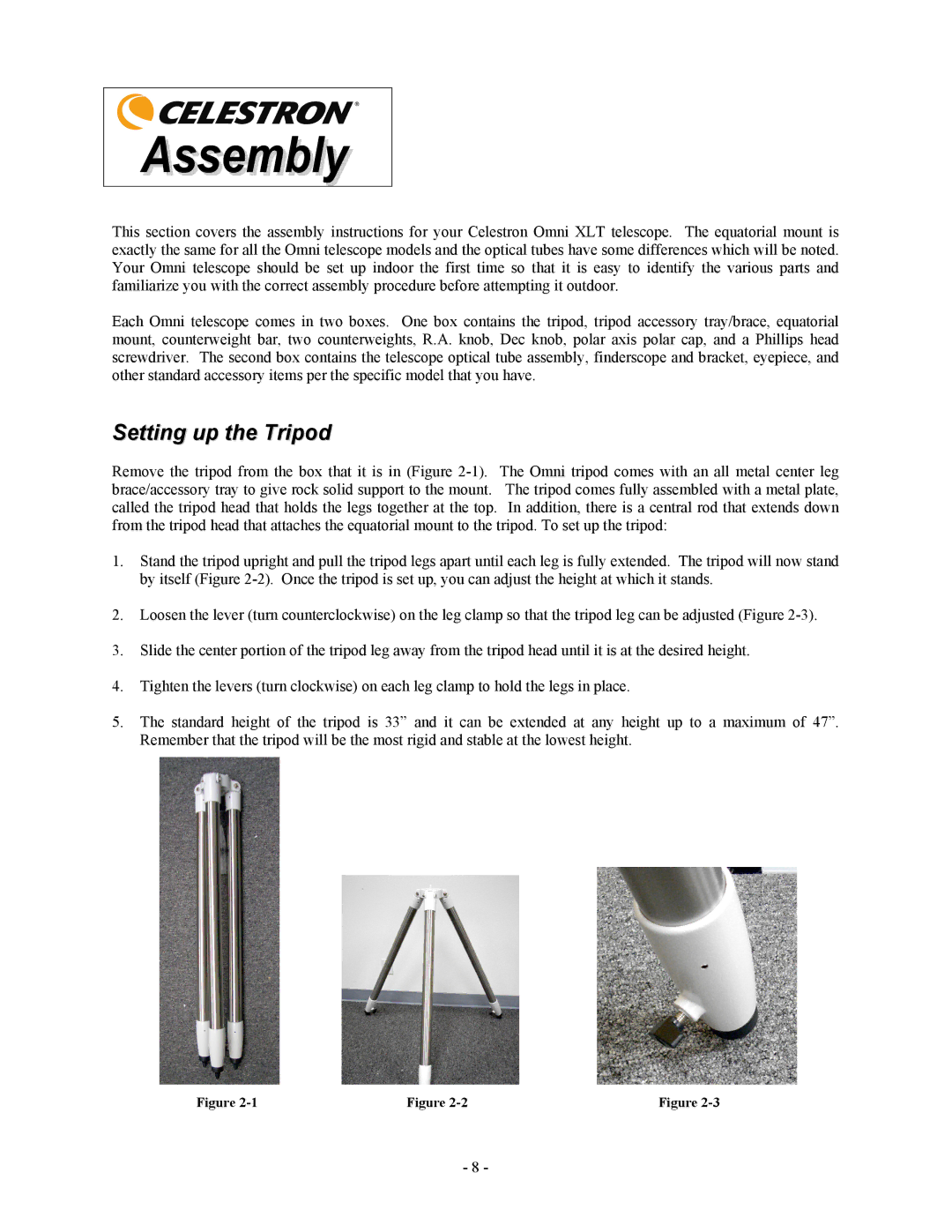 Celestron OMNI XLT 102 manual Setting up the Tripod 