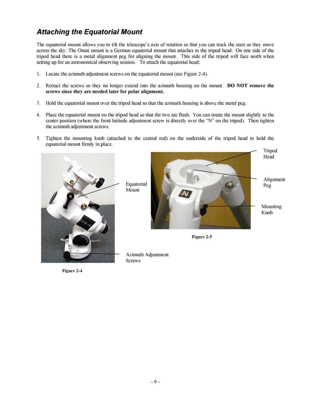 Celestron OMNI XLT 102 manual Attaching the Equatorial Mount 