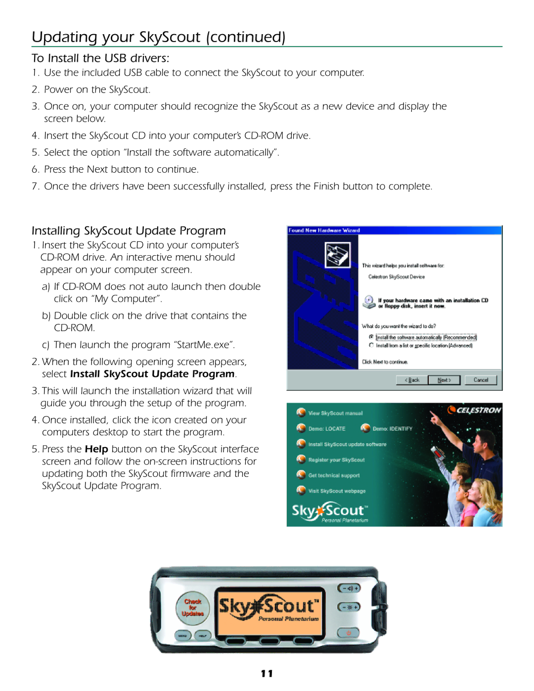 Celestron Personal Planetarium user manual To Install the USB drivers, Installing SkyScout Update Program 