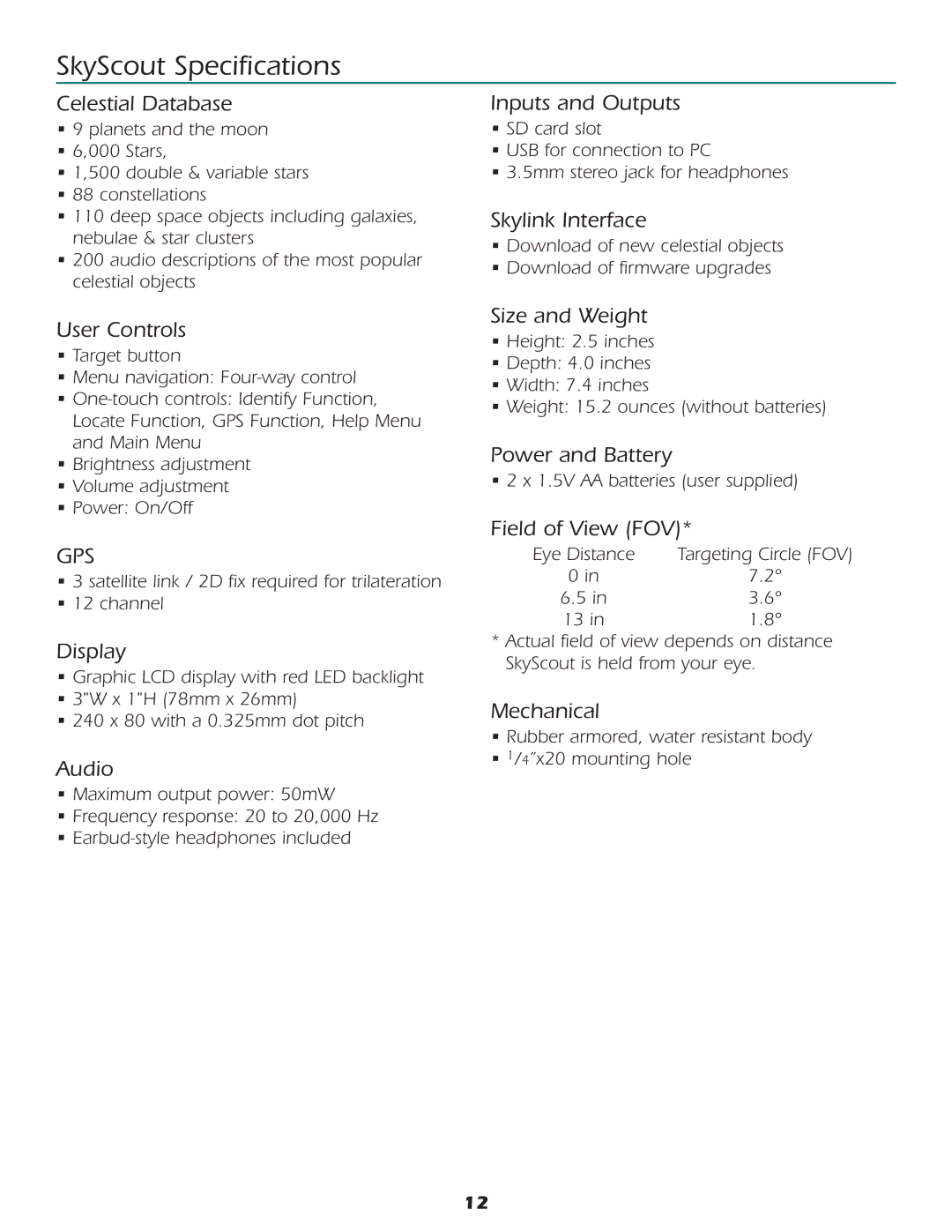 Celestron Personal Planetarium user manual SkyScout Specifications 