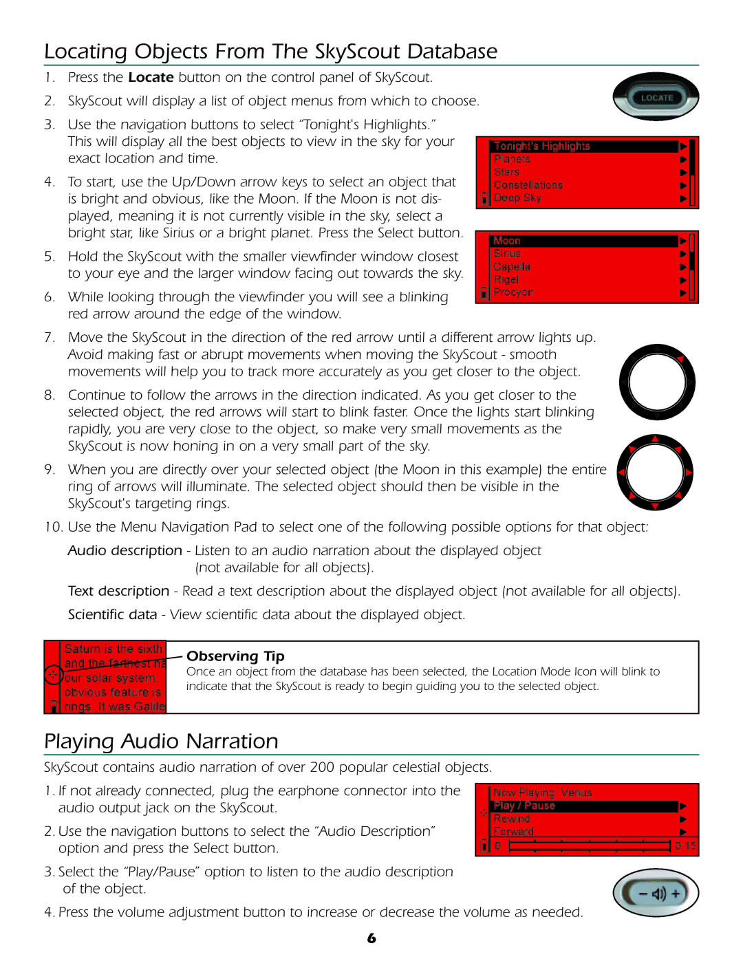 Celestron Personal Planetarium user manual Locating Objects From The SkyScout Database, Playing Audio Narration 