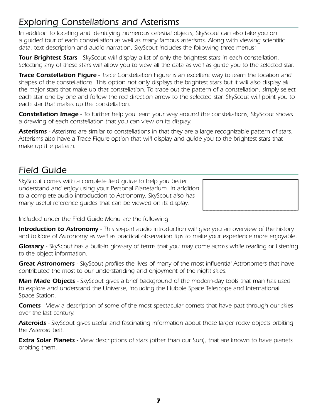 Celestron Personal Planetarium user manual Exploring Constellations and Asterisms, Field Guide 