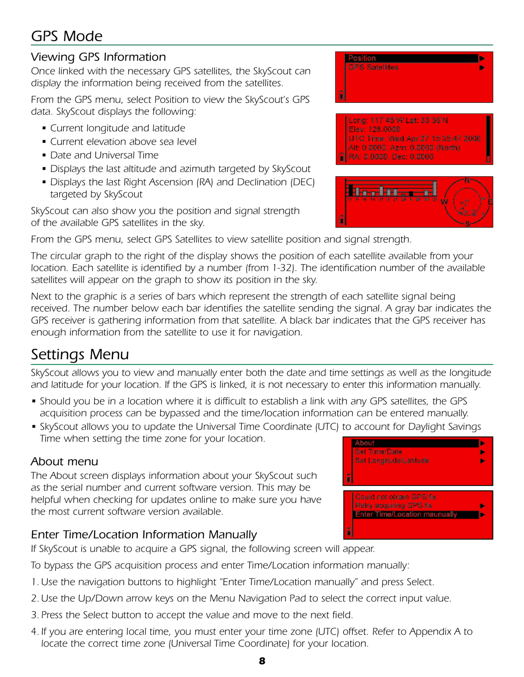 Celestron Personal Planetarium user manual GPS Mode, Settings Menu, Viewing GPS Information, About menu 