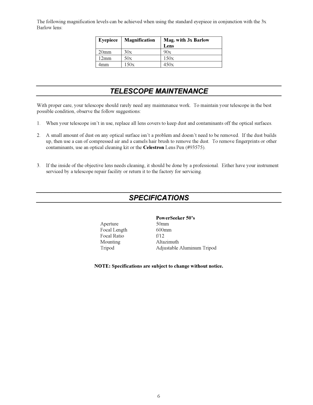 Celestron Power Seeker 50 manual Telescope Maintenance, Specifications, Eyepiece Magnification Mag. with 3x Barlow Lens 