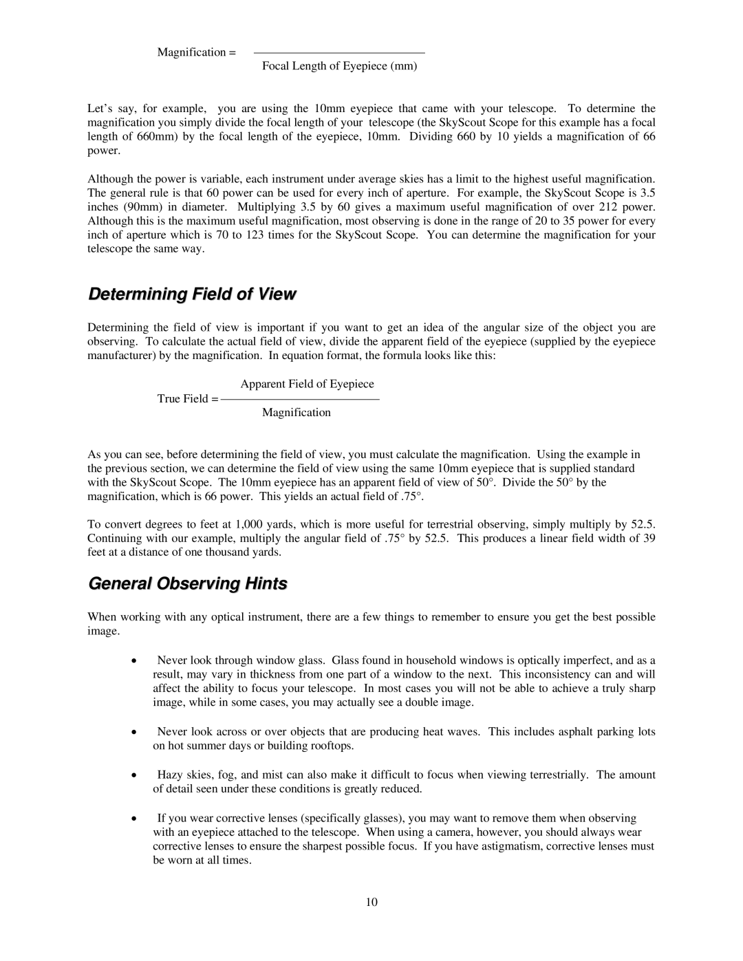 Celestron Scope 90 manual Determining Field of View, General Observing Hints 