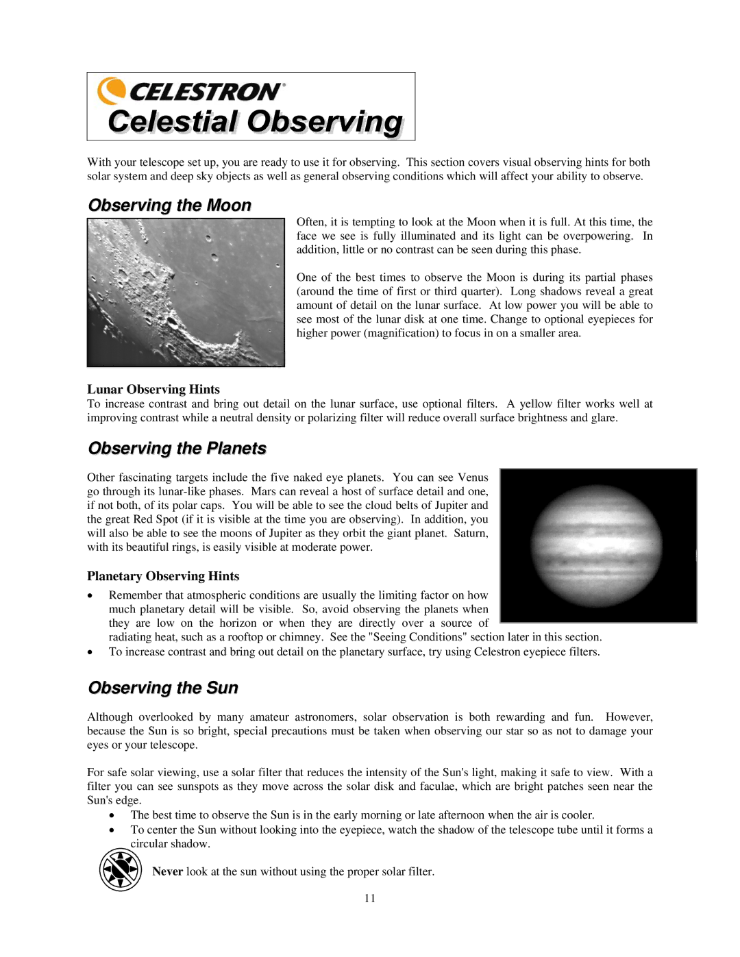 Celestron Scope 90 manual Observing the Moon, Observing the Planets, Observing the Sun 