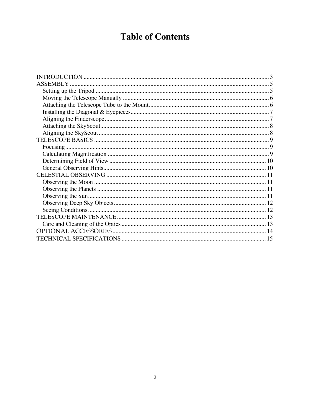 Celestron Scope 90 manual Table of Contents 