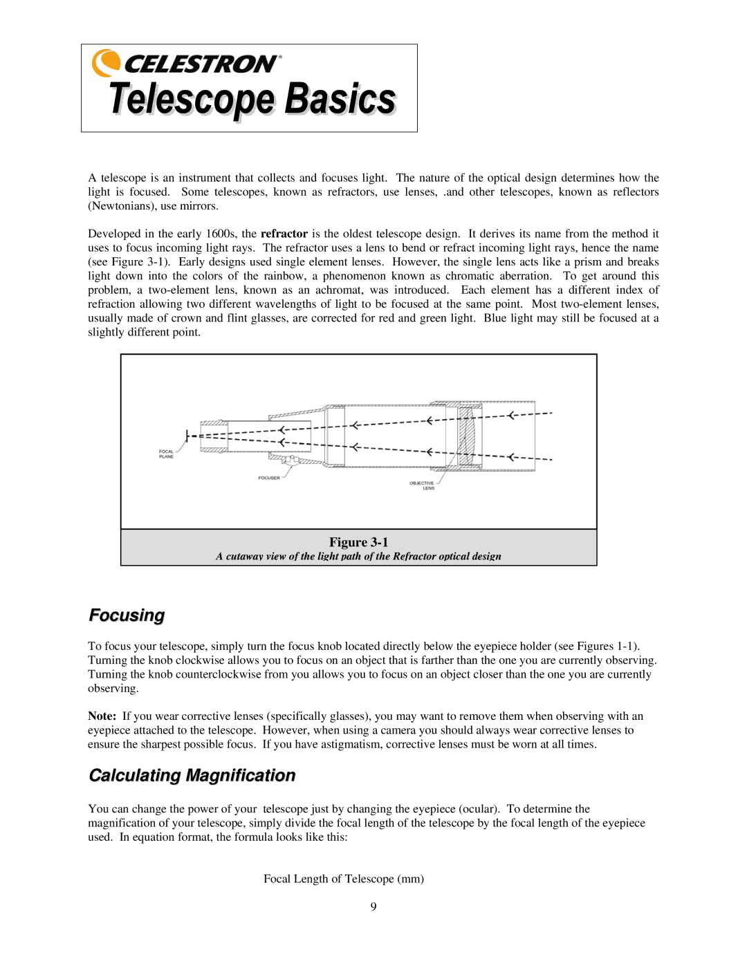 Celestron Scope 90 manual Focusing, Calculating Magnification 