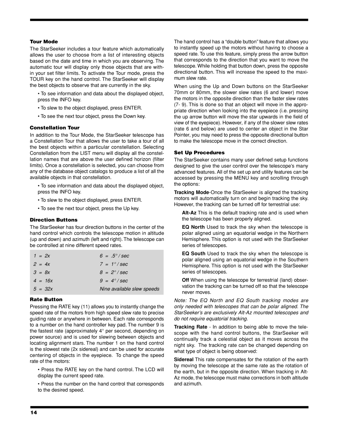 Celestron StarSeeker instruction manual Tour Mode, Constellation Tour, Direction Buttons, Rate Button, Set Up Procedures 