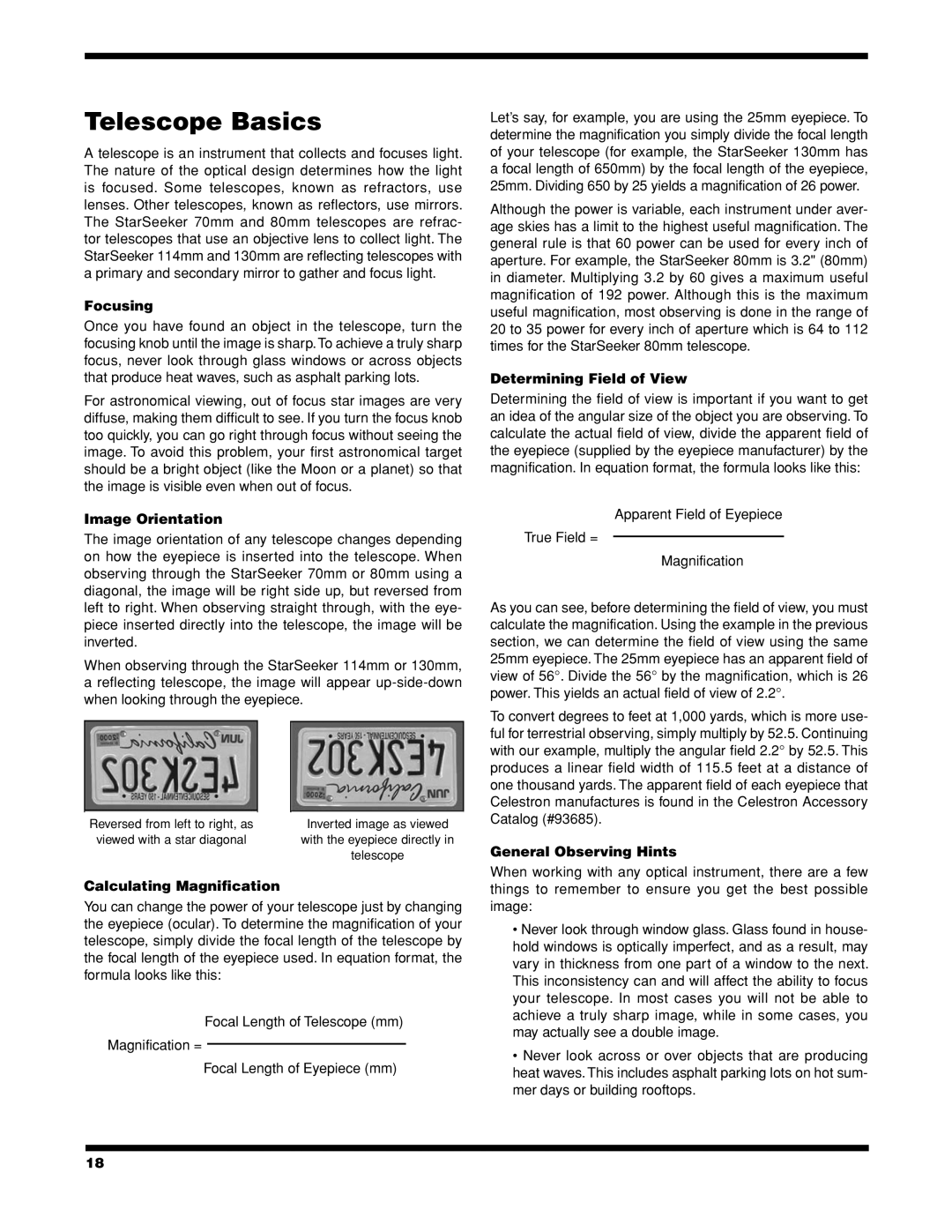 Celestron StarSeeker Telescope Basics, Image Orientation, Calculating Magnification, Determining Field of View 