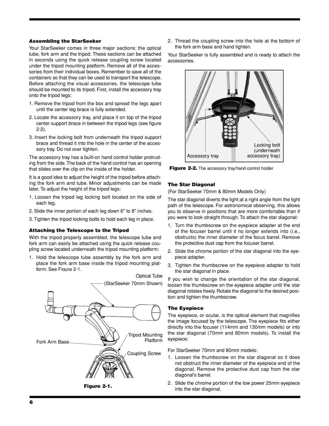 Celestron instruction manual Assembling the StarSeeker, Attaching the Telescope to the Tripod, Star Diagonal, Eyepiece 