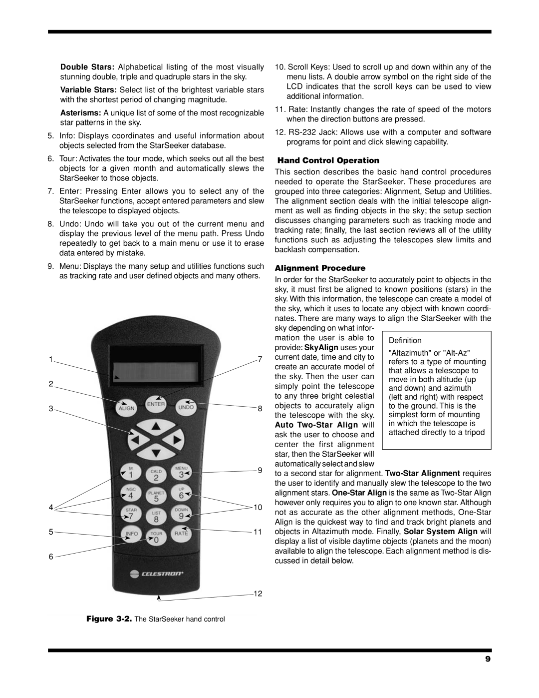 Celestron StarSeeker instruction manual Hand Control Operation, Alignment Procedure 