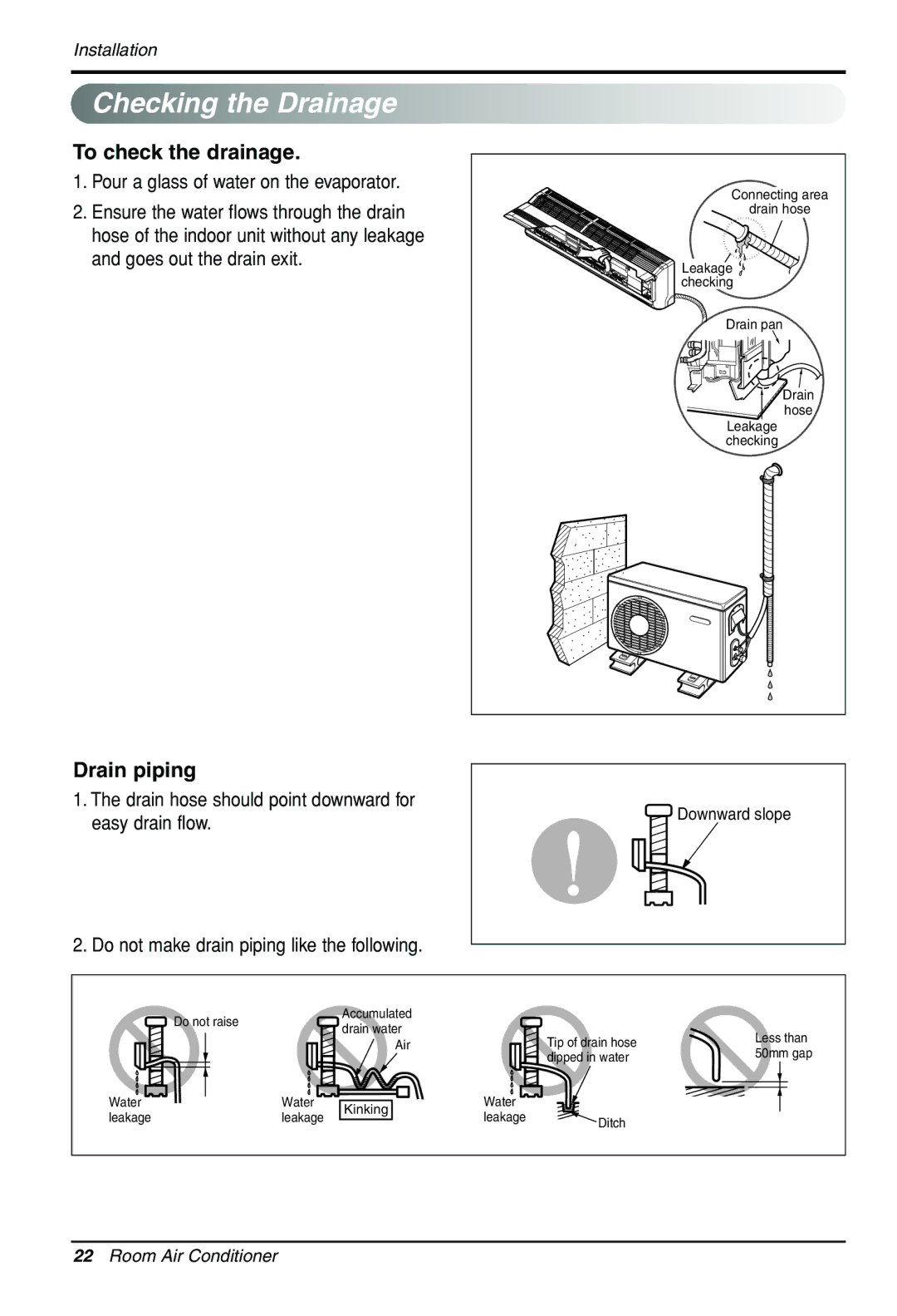 Celestron VMC30SB-1 Checking the Drainage, To check the drainage, Drain piping, Pour a glass of water on the evaporator 