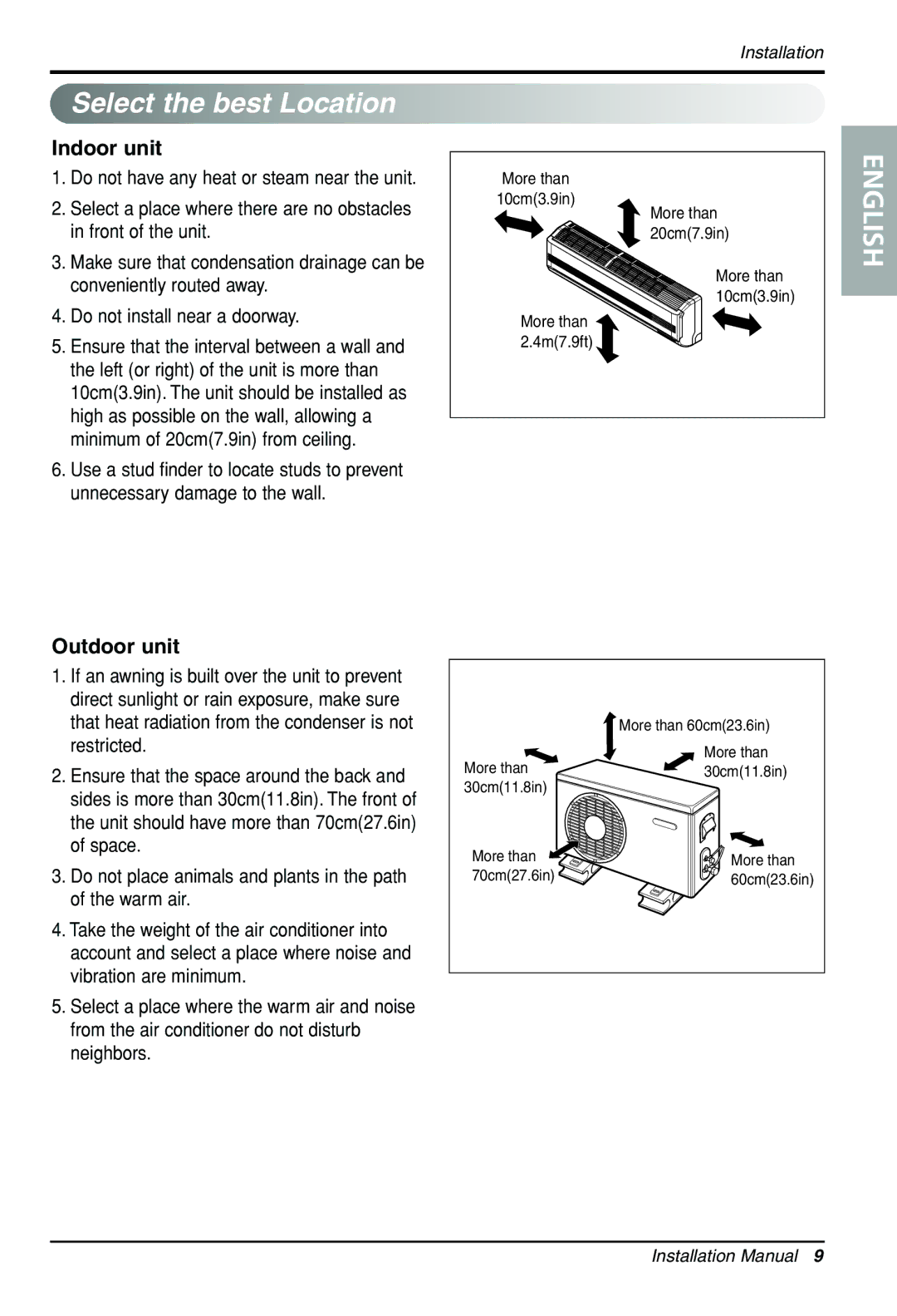 Celestron VMH30SB-1, VMC30SB-1 manual Select the best Location, Indoor unit, Outdoor unit 