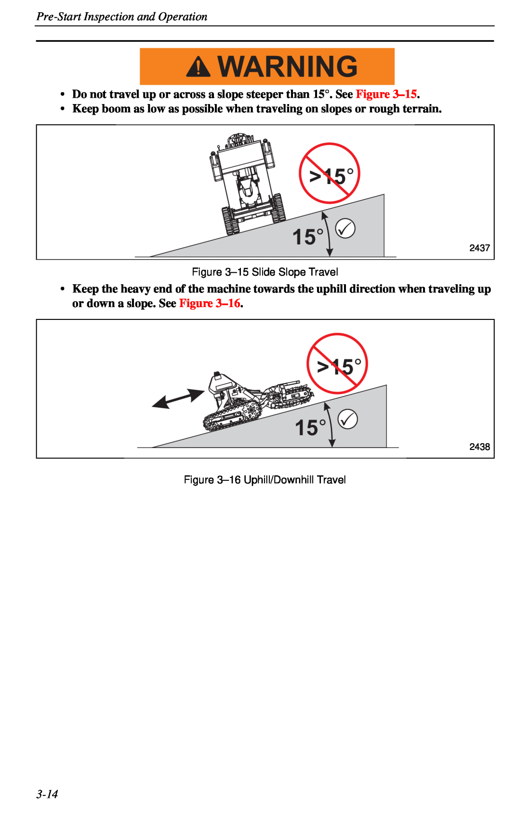 Cellboost 999-823 Pre-Start Inspection and Operation, Do not travel up or across a slope steeper than 15. See Figure, 3-14 